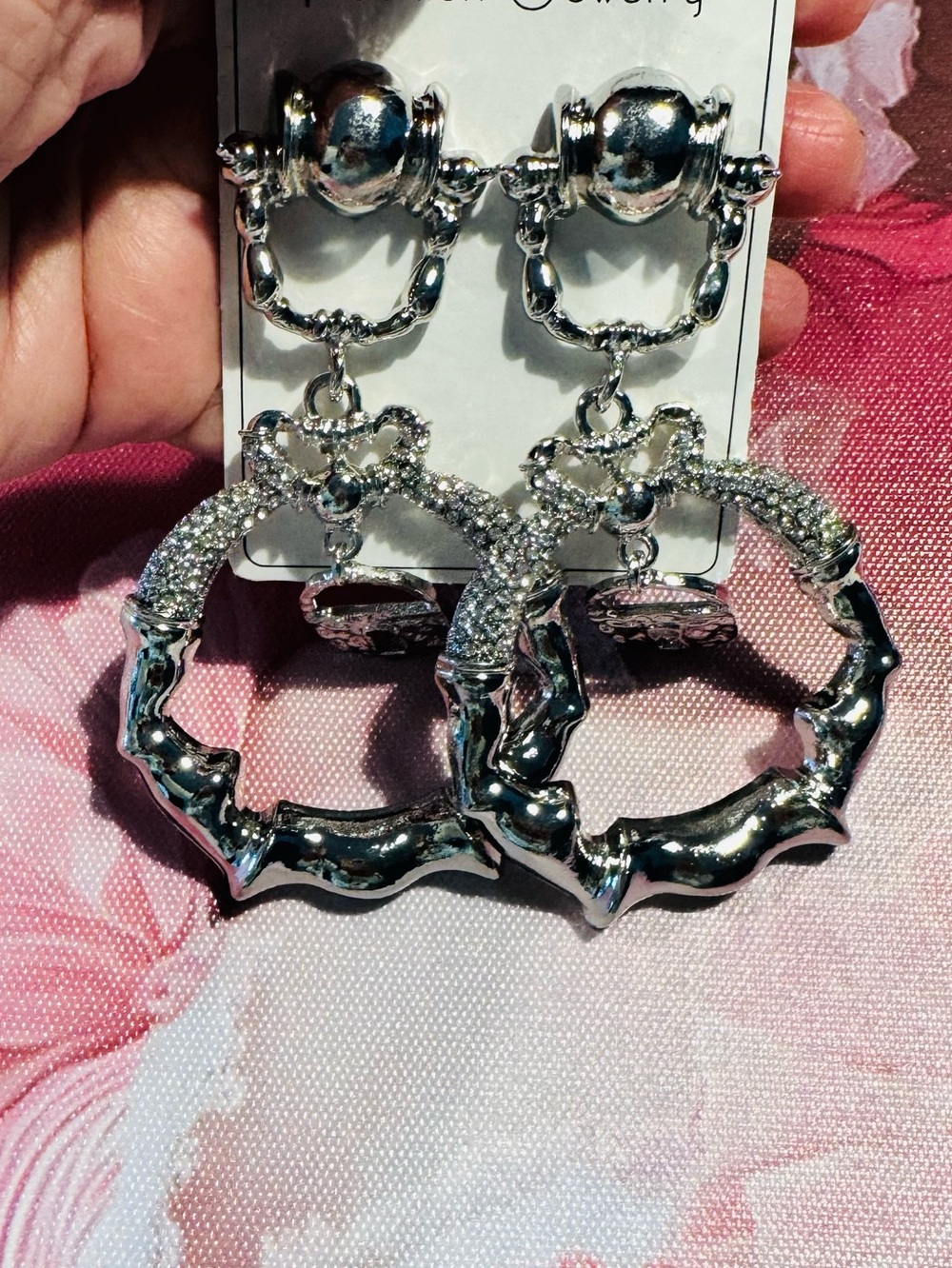 Fashion Jewelry Silver Twisted Hoop Drop Earrings with Rhinestones
